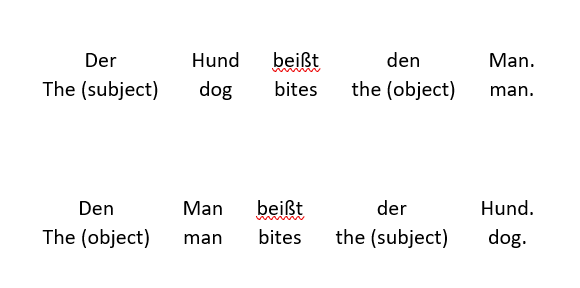 The (subj) dog bites the (obj) man, or the (obj) man bites the (subj) dog.
