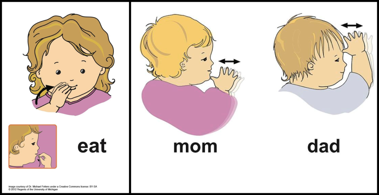 An illustration of a child signing "Mom" and "Dad" in ASL. The hand is moving towards the chin with all fingers extended for mother, and toward the forehead for Father. An illustration of a child signing "Eat" in ASL. The hands are moving towards the mouth as if they're holding something.