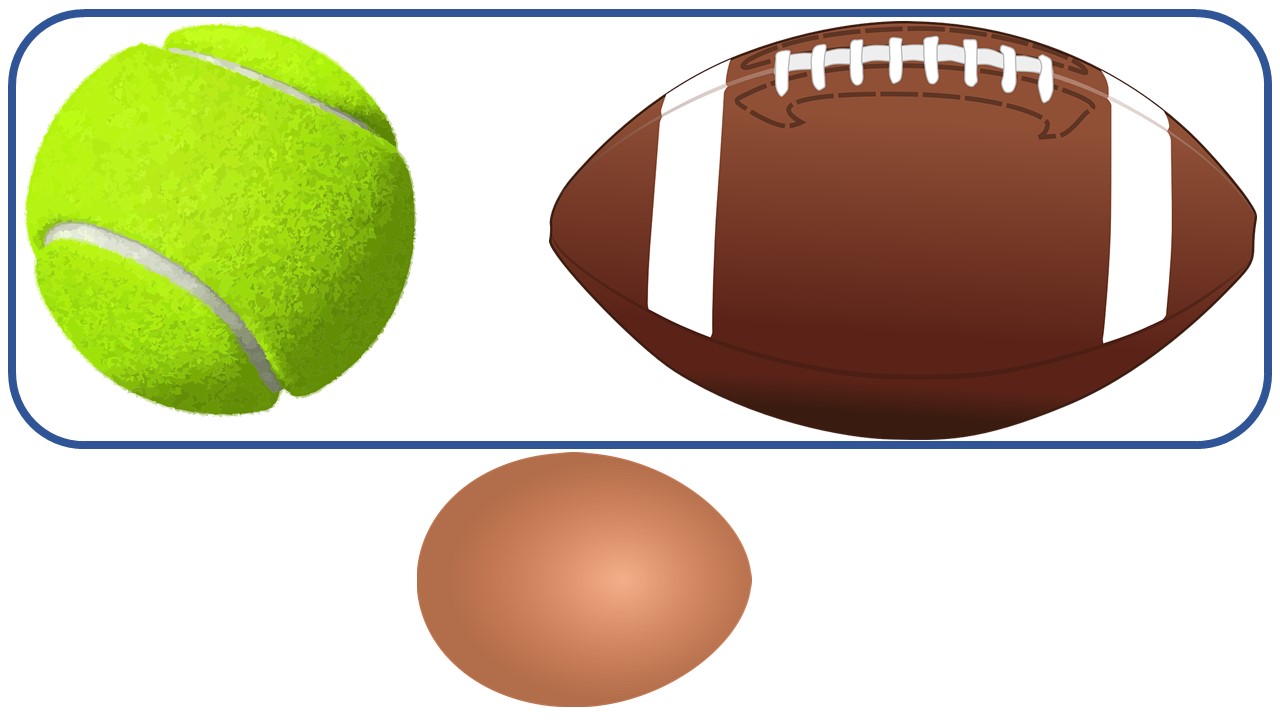 A tennis ball and football are in a circle, and an egg is outside the circle.