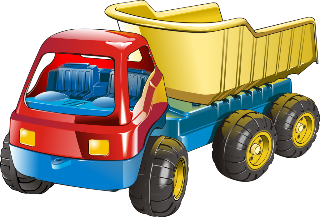 a red, blue and yellow toy dump truck