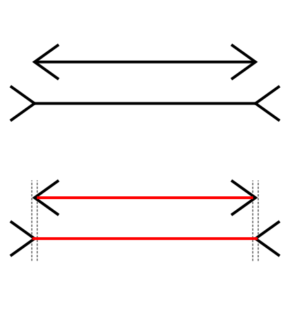 comparing two lines, one with tails pointing in, making it appear shorter than the other line with tails pointing out.