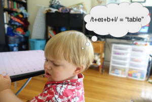 A white baby with a blonde bowl cut holds on to a table and looks puzzed while a thought bubble spells out the phonemic transcription for the word "table."
